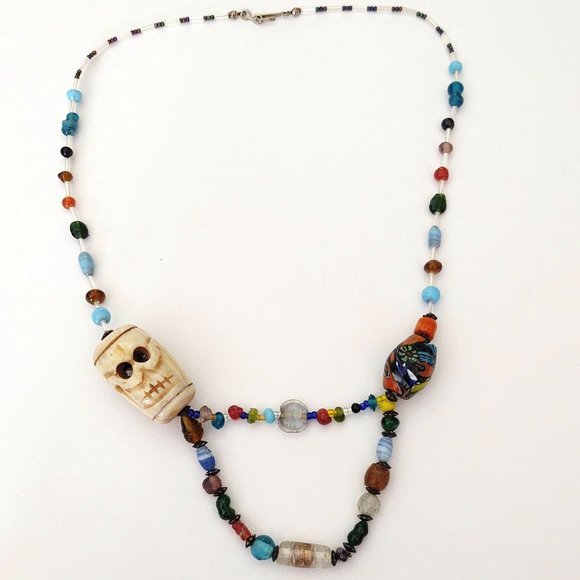 Unique carved stone face statement glass beaded necklace - Picture 12 of 15